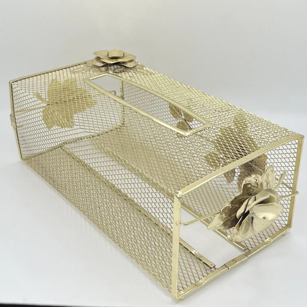 Vintage Gold Tone Metal Rose Tissue Box Cover Hollywood Regency Mesh Vanity MCM